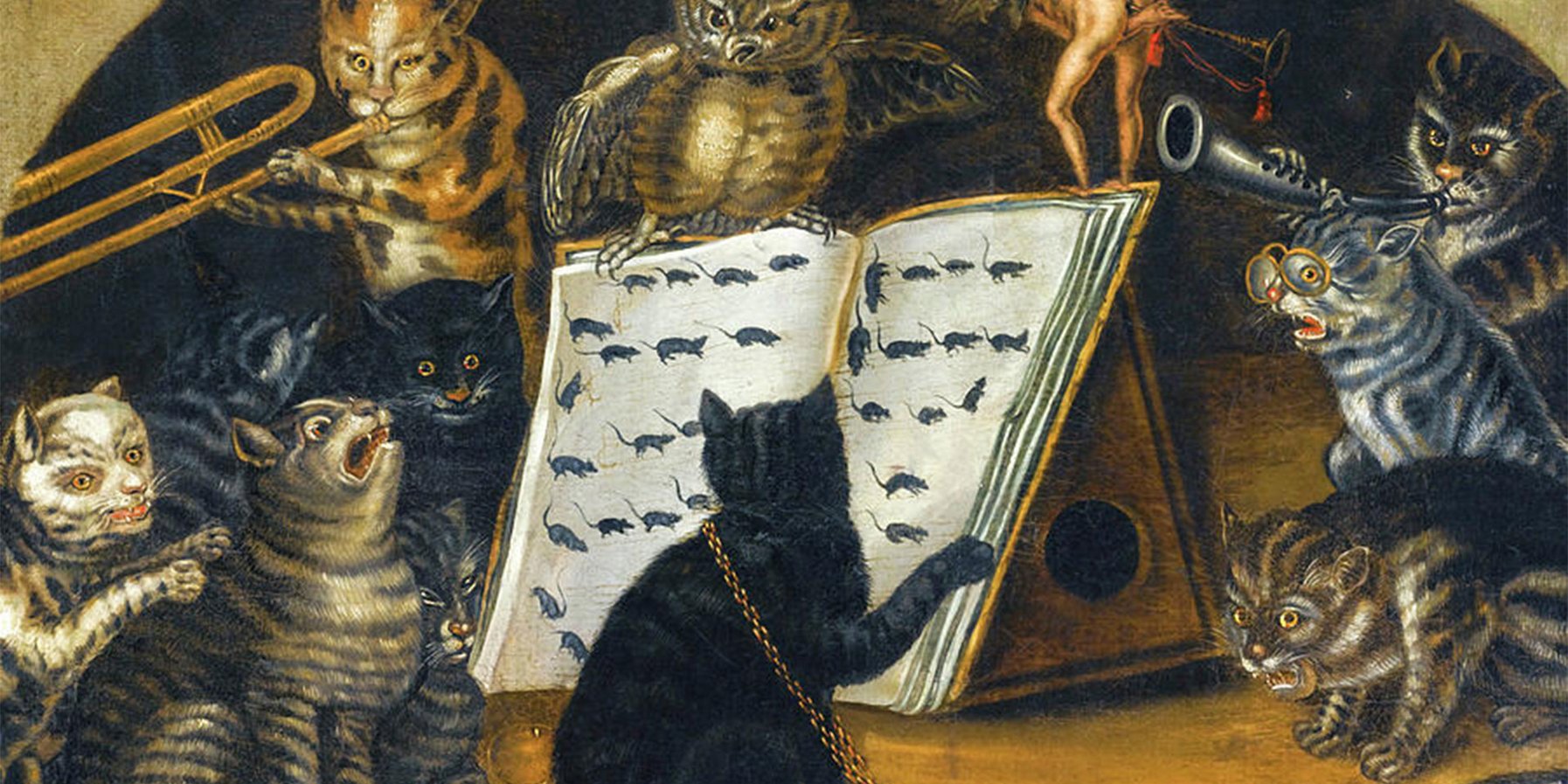 »A chat orchestra directed by an owl with sheet music«